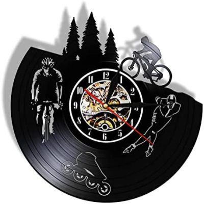 Vinyl Record Wall Clocks 12 Inch Bicycle Modern Record Silent Quartz Wall Clock Home Decor Skating Hanging Clock Biker Cyclist Skater Sports Lover Gift