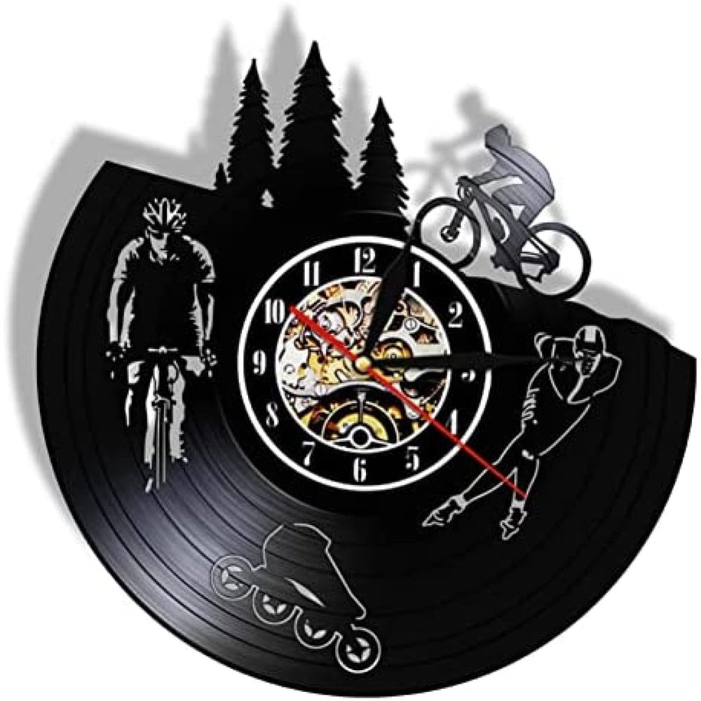 Vinyl Record Wall Clocks 12 Inch Bicycle Modern Record Silent Quartz Wall Clock Home Decor Skating Hanging Clock Biker Cyclist Skater Sports Lover Gift