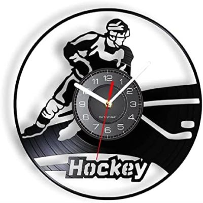 12 Inch Vintage Wall Clock Vinyl LP Ice Hockey Player Wall Clock Ice Hockey Equipment Helmet Modern Wall Clock Home Stadium Sportsman Interior Decoration