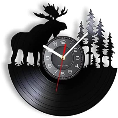 12 inch Vinyl Record Wall Clock Wild Woodland Animal Bull Elk Silent Quartz Wall Clock Moose Elk Wall Art Decorative Watch Timepiece Wall Clock