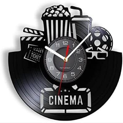 12" Vintage Wall Clock Decorative Wall Clock Popcorn Drink Roll Movie Clap Stick Vinyl CD Disc Wall Clock Vibrant Wall Decor