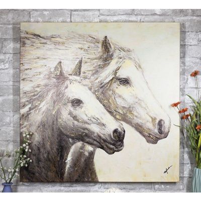 1 Pcs Rustic Country Western 2 Running Horses Canvas Picture Wooden Frame 24"X24"