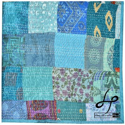 Handicrafts Plus Kantha Home Decor Bedsheet Beautiful Silk Patch Print Coverlet Turquoise Color King/Queen Size Kantha Quilt Bedding 90x108 Inch