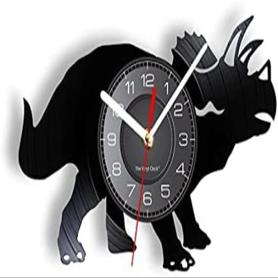 12 Inch Round Rhino Silhouette Wall Clock Laser Cut Vinyl Record Wall Clock Large Animal Home Wall Decor Rhino Vinyl Disc Craft Clock