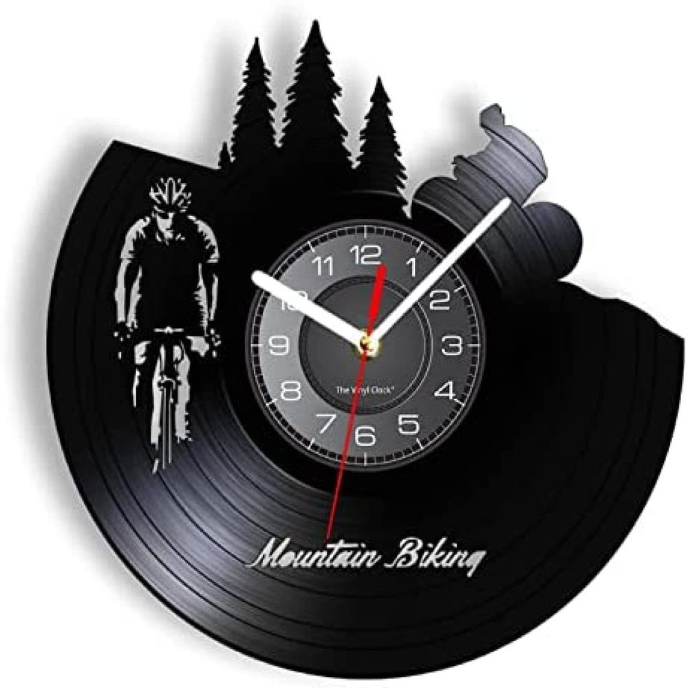 12 Inch Wall Clock Round Mountain Bike Vinyl Record Wall Clock Bicycle Cycling Retro Timepiece Wall Clock Travel Hiking Adventure Clock