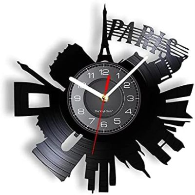 12 Inch Round Wall Clock France Paris Skyline Vinyl Album Record Clock French Decor Europe Art Paris Cityscape Vintage Wall Clock with Cut Outs