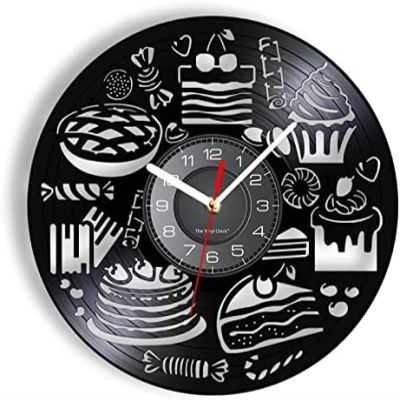 12 Inch Wall Clock Round Bread Candy Cupcake Wall Clock Bakery Sign Wall Decor Pastry Vinyl Record Wall Clock Confectionery Kitchen Decorative Clock