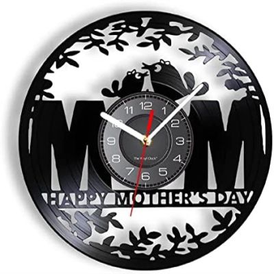 12 inch Vintage Wall Clock Happy Mother's Day Vinyl Record Clock MOM Carved Wall Clock with Mama Bird and Child Tree Home Decor Gift
