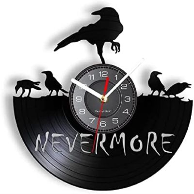 12 Inch Vintage Wall Clock Gothic Fiction Vinyl Record Clock Standing with One Leg Raven Shadow Art Wall Clock Black Silent Hanging Wall Clock