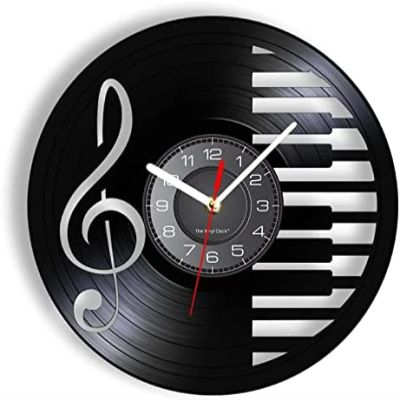 12 Inch Wall Clock Silent Non Ticking Music Notes Piano Keyboard Vinyl Record Wall Clock Modern Design Clock Treble Clef Symbol Decor Retro Music Album Clock