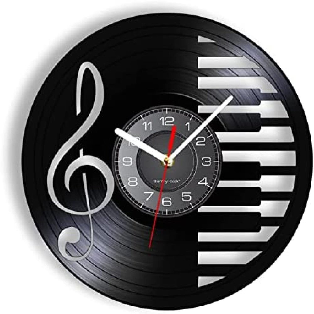 12 Inch Wall Clock Silent Non Ticking Music Notes Piano Keyboard Vinyl Record Wall Clock Modern Design Clock Treble Clef Symbol Decor Retro Music Album Clock
