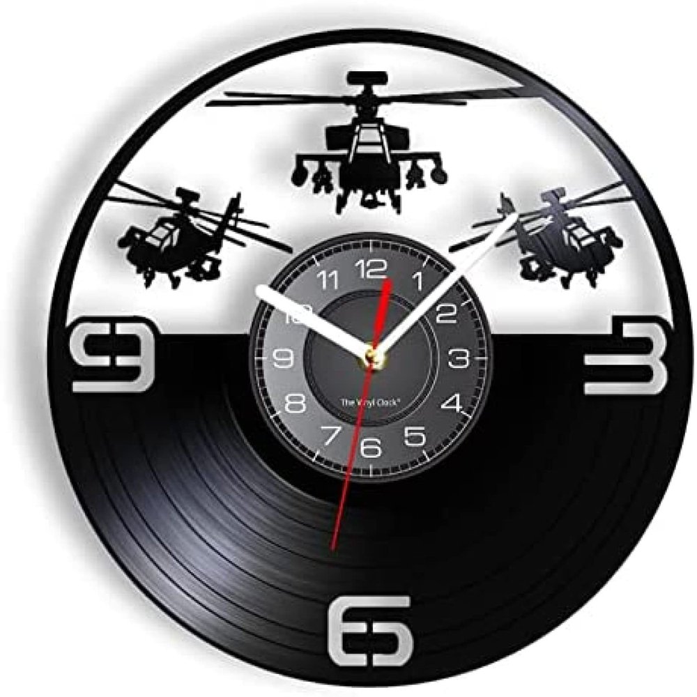 12 Inch Wall Clock Round Helicopter Wall Clock Man Cave Airplane Room Decor Helicopter Aviation Carved Album Vinyl Record Clock Silent Wall Clock Pilot Gift