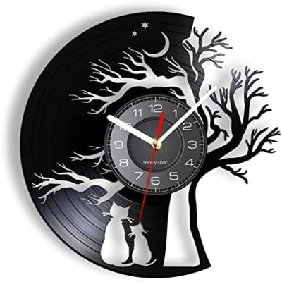 12 Inch Wall Clock Round Cats Under The Tree Vinyl Record LP Clock Cat Vintage Wall Clock Retro Album Home Decor Gift for Animal Lovers