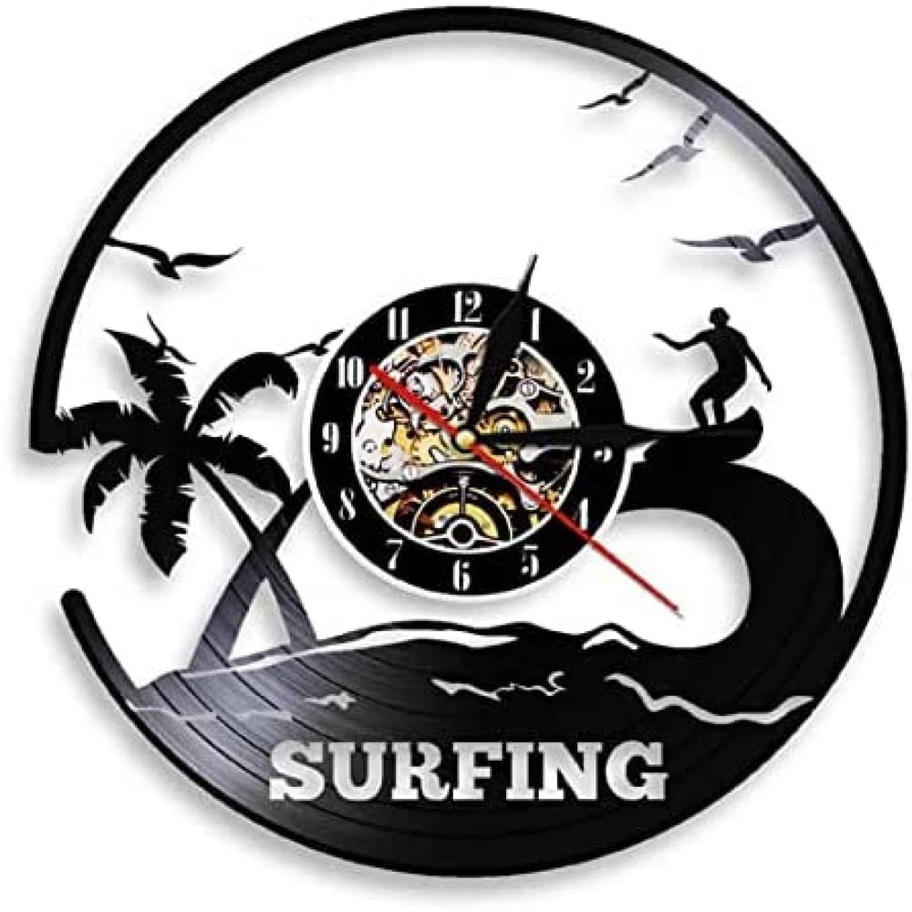 12" Vinyl Wall Clock Surf Art Vinyl Record Wall Clock Surf Wall Decor Windsurfing Surfboard Water Sports Sea View Wall Decor