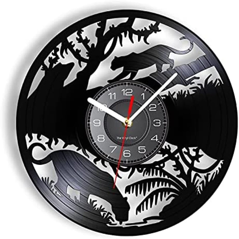 12 Inch Round Panther Vinyl CD Wall Clock Jungle Animals Home Decor Clock Wildlife Repurposed Album Vinyl Record Wall Clock