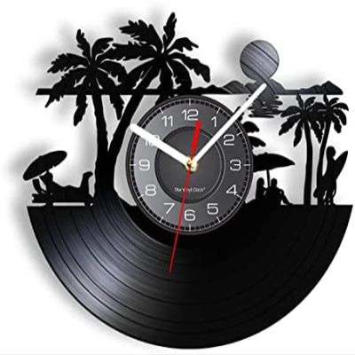 12 Inch Wall Vinyl Decorative Wall Clocks Summer Palm Tree Beach Sunset Landscape Vinyl Record Wall Clock Retro Album Laser Cut Crafts Art Surfing Quiet Q