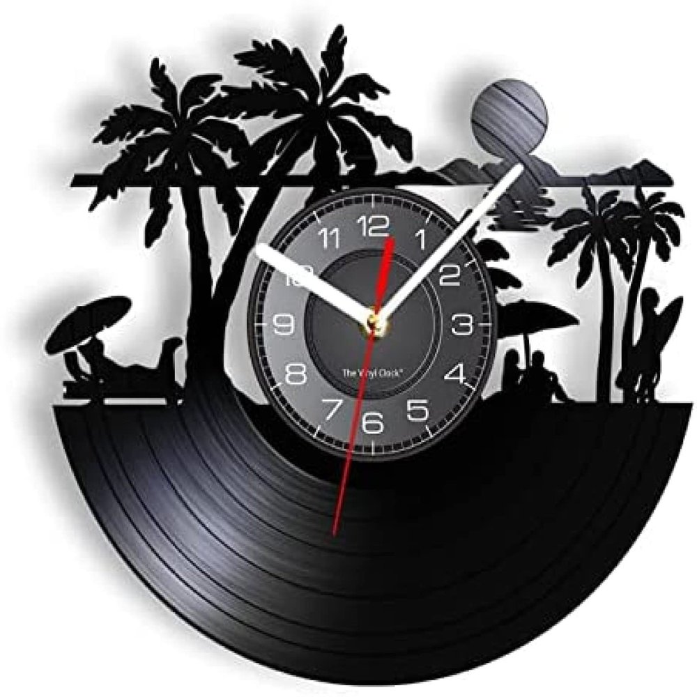 12 Inch Wall Vinyl Decorative Wall Clocks Summer Palm Tree Beach Sunset Landscape Vinyl Record Wall Clock Retro Album Laser Cut Crafts Art Surfing Quiet Q