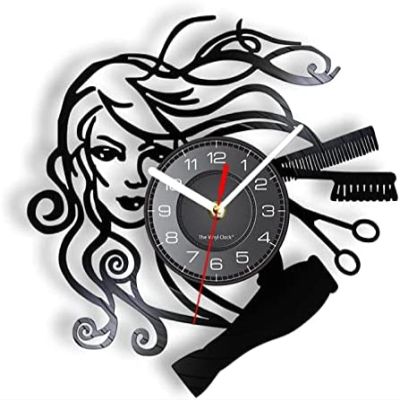 12 Inch Wall Clock Round Hairdressing Beauty Salon Vinyl Record Wall Clock Hairdresser Salon Barber Shop Retro Black Wall Clock Hairdresser Gift for Woman