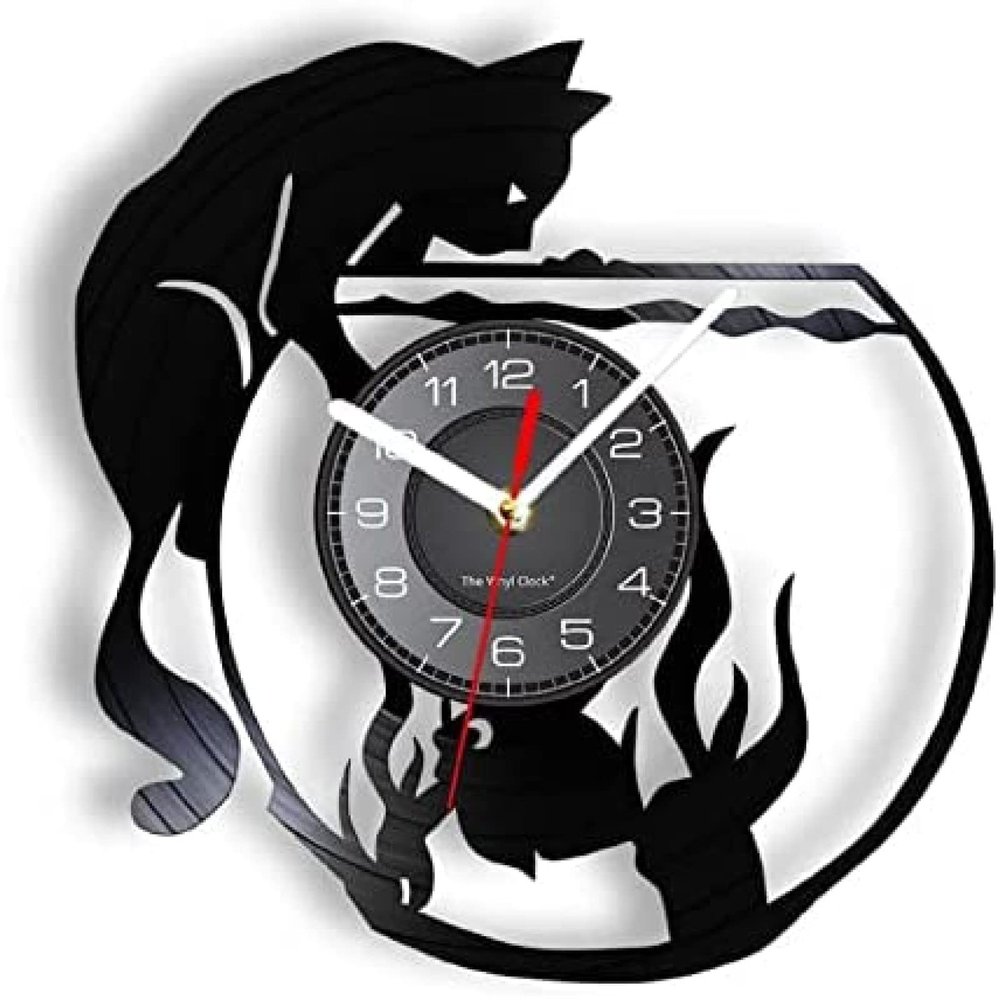 12 Inch Vinyl Wall Clock Fishbowl Wall Clock Real Vinyl Record Cat Catching Fish Vivid Vinyl LP Record Wall Clock Laser Cut Crafts Art Decor