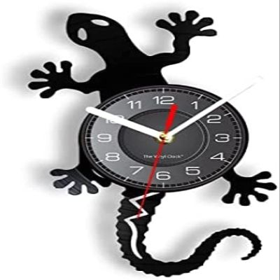 12 Inch Wall Clock Silent Non Ticking Antique Nature Art Zoology Lizard Vinyl Record Wall Clock Animal Home Decor Gecko Silhouette Laser Cut Music Album UH