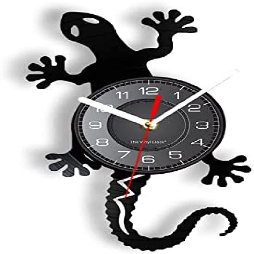 12 Inch Wall Clock Silent Non Ticking Antique Nature Art Zoology Lizard Vinyl Record Wall Clock Animal Home Decor Gecko Silhouette Laser Cut Music Album UH
