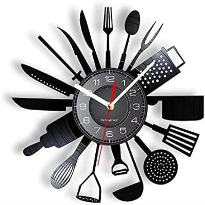 12 Inch Wall Clock Silent Non Ticking Cook Set Wall Clock Knife Fork Spoon Vinyl Record Kitchen Home Decor Quartz Clock