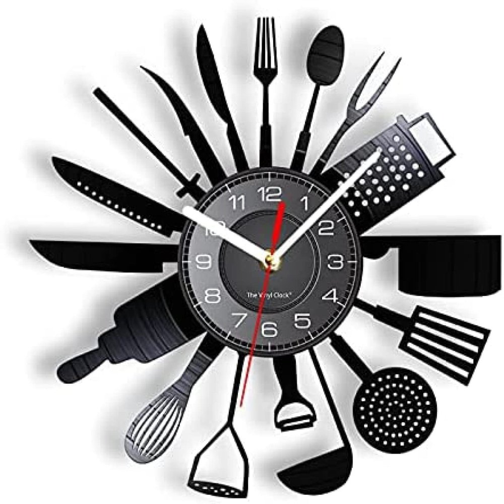 12 Inch Wall Clock Silent Non Ticking Cook Set Wall Clock Knife Fork Spoon Vinyl Record Kitchen Home Decor Quartz Clock