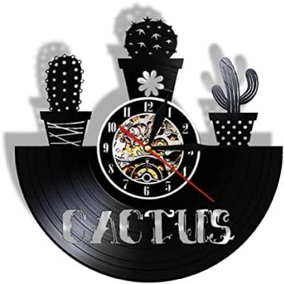 12 Inch Vinyl Wall Clock Art Cactus Vintage Vinyl Record Wall Clock Natural Plant Succulent Plant Wall Art Decorative Clock Cacti Room Wall Decor Clock