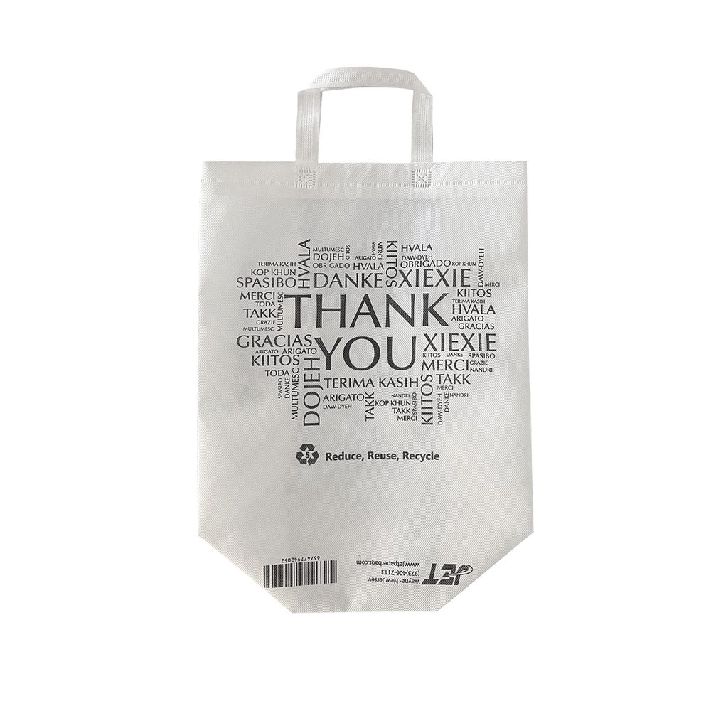 JET PAPER BAGS - 13.5x7.7x15.5 [10 Pcs] Large Non-Woven White Shopping Bags with Multilingual Thank You Print Prime for Takeout, Grocery, Retail, Weddings - Recyclable (White 10 Pcs Count)