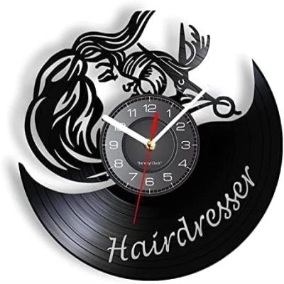 Wall Clock Hairdresser Black Retro Vinyl Record Wall Clock Hair Salon Decor Scissors Barbershop Hairstyle Sign Wall Clock Stylist Gift Clock