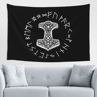Vikings Mjolnir and Rune Wheel Norse Mythology Symbol Home Decoration Tapestries Placed In The Living Room Bedroom Keep Full Load