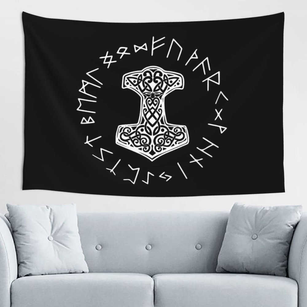 Vikings Mjolnir and Rune Wheel Norse Mythology Symbol Home Decoration Tapestries Placed In The Living Room Bedroom Keep Full Load