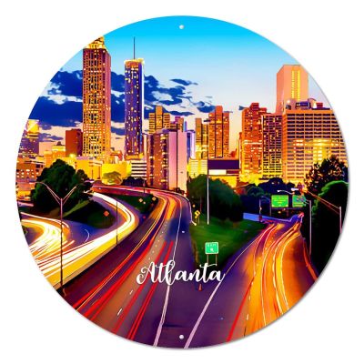 American Georgia State Atlanta City Skyline Scenery Cityscape City View Round Metal Sign Vintage Metal Art Prints Distressed Home Bar Sign Plaque Wreath Sign for Patio Farmhouse Decor 9 Inch