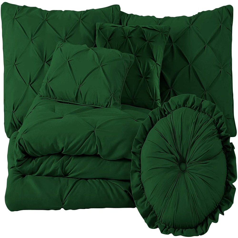 Velosso 100% Egyptian Cotton 7-Piece Pinch Pleat Pintuck Bedding Comforter Set, 1000 Thread Count (Queen, Green)