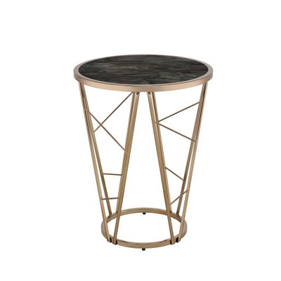 Acme Cicatrix End Table, Faux Black Marble Glass & Champagne Finish 83302
