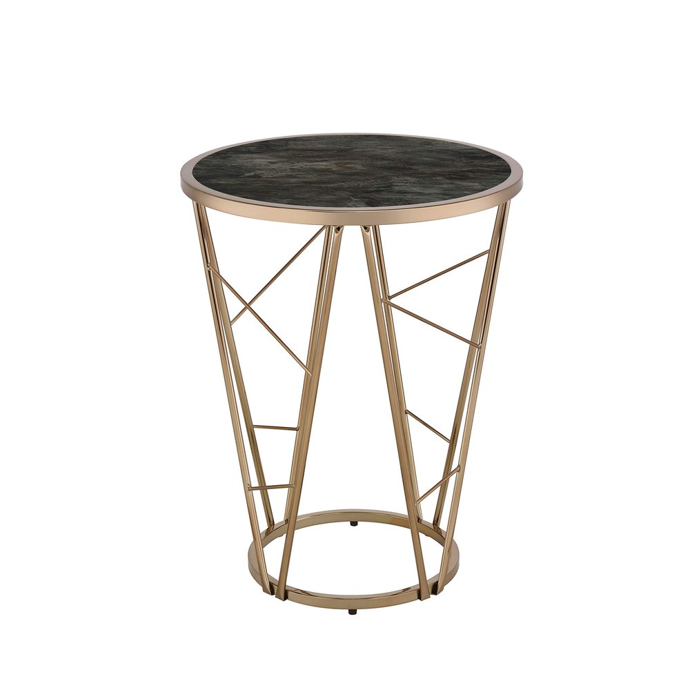 Acme Cicatrix End Table, Faux Black Marble Glass & Champagne Finish 83302
