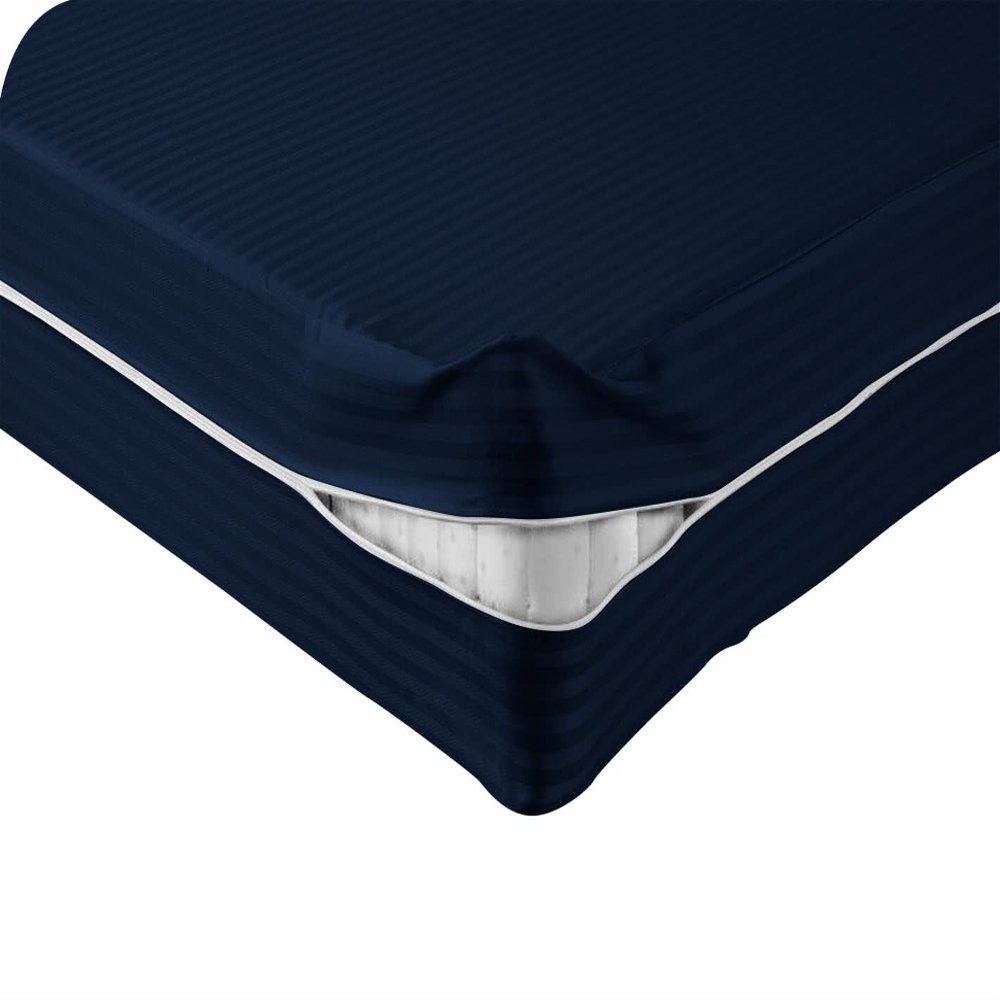 Velosso 1 Piece Striped Zipper Mattress Cover Only Queen Size 8" Pocket Sold Separately 1000 Thread Count 100% Egyptian Cotton, Navy Blue