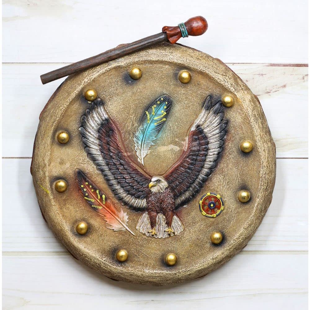 1 Pcs Indian Soaring Eagle And Feathers Warpath Drum And Stick Wall Plaque Figurine