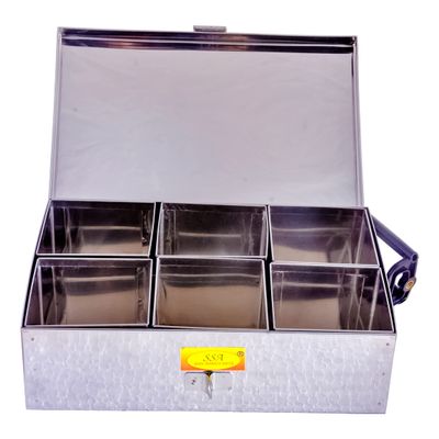 Shiv Shakti Arts Stainless Steel Spice Box, 6 Compartment, Masala Dabba Utility Container, Masala Peti (1 Piece,Steel,Small) W-15 cm, H-7 cm, L-23 cm