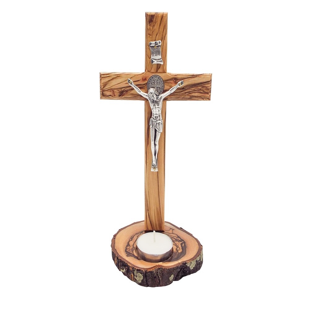 Olive Wood Standing St. Benedict Crucifix Cross & Blessing Medal (8 Inch), Wood Table Alter Cross with Candle Holder Base