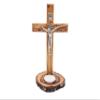 Olive Wood Standing St. Benedict Crucifix Cross & Blessing Medal (8 Inch), Wood Table Alter Cross with Candle Holder Base view 1