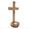 Olive Wood Standing St. Benedict Crucifix Cross & Blessing Medal (8 Inch), Wood Table Alter Cross with Candle Holder Base view 4