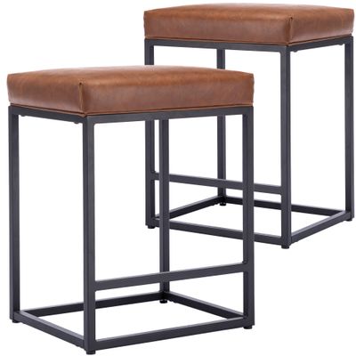 Wahson Set of 2 Counter Height Stools, 24" Modern Faux Leather Upholstered Stools with Black Metal Base, for Kitchen Island Bar Pub Bistro, Brown