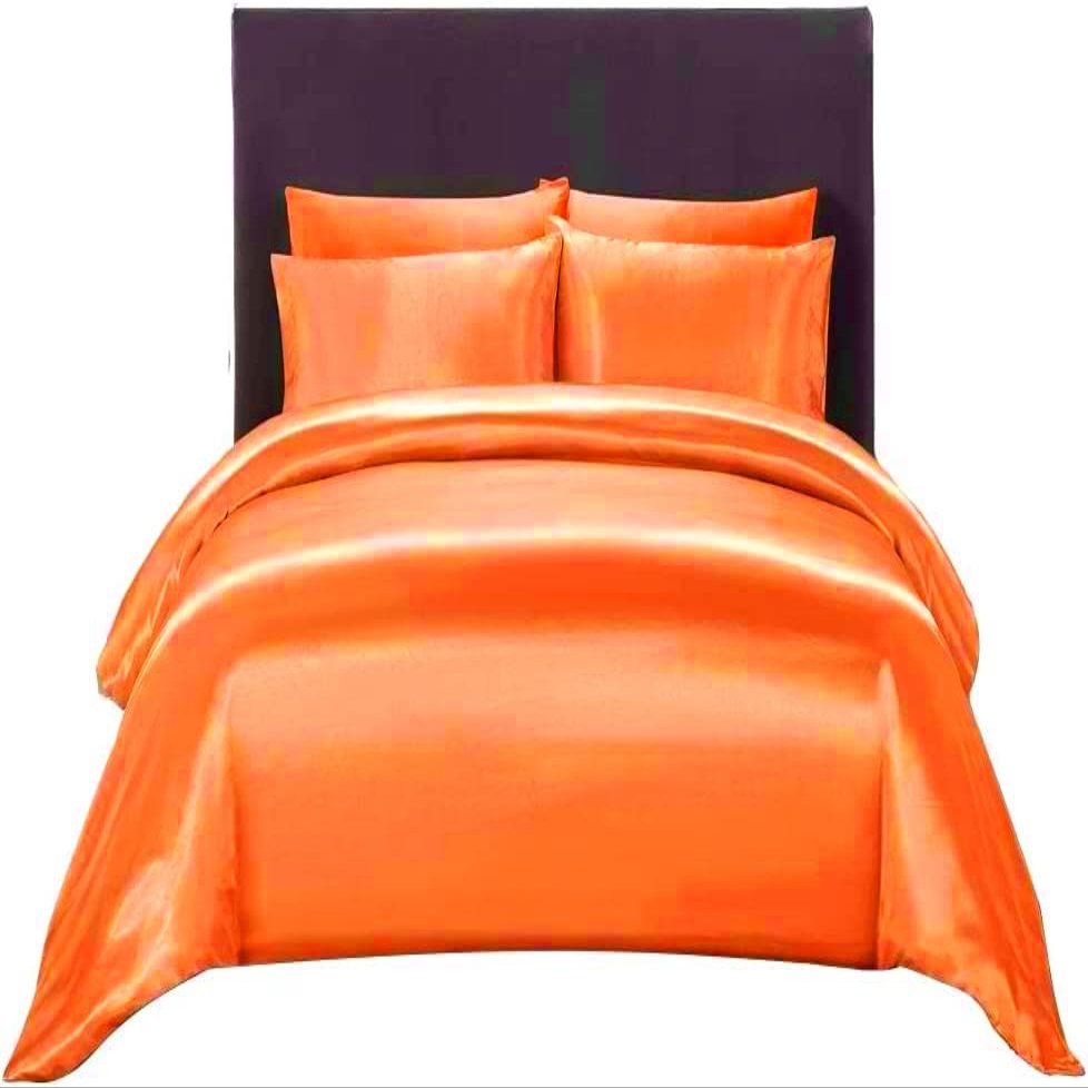 Twin XL Duvet Cover Set 4 Piece Bedding Duvet Cover Set (Duvet Cover + Fitted Sheet 19'' + 2 Pillow Cases) Silk Satin Zipper Closure - Orange