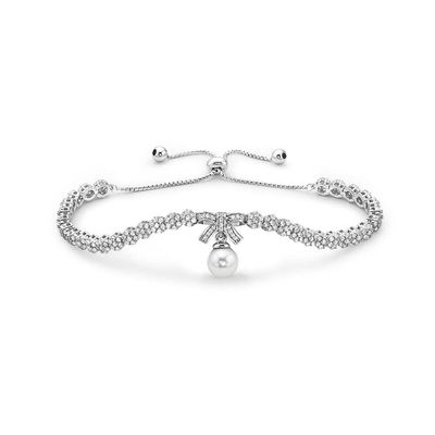 925 Sterling Silver Sparkling Bow Adjustable Bracelet with Freshwater Pearl Model_X_Fashion-405