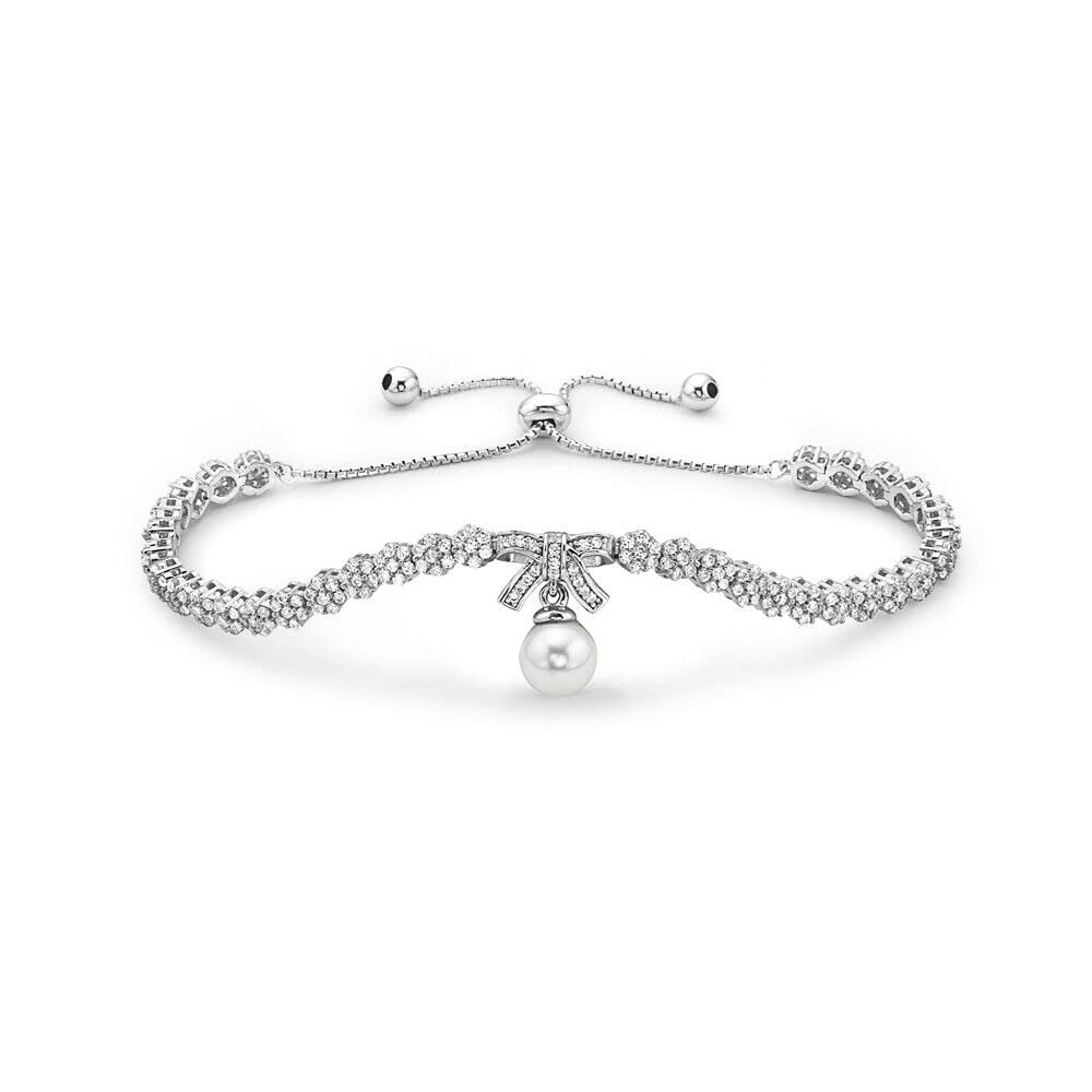 925 Sterling Silver Sparkling Bow Adjustable Bracelet with Freshwater Pearl Model_X_Fashion-405