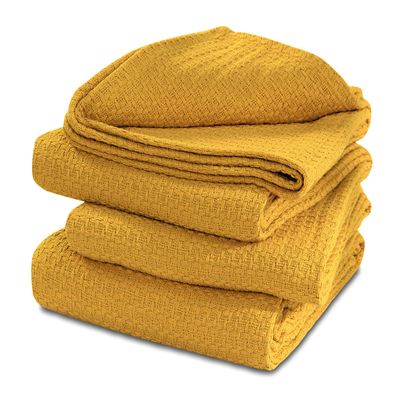 100% Cotton Basket Weave Thermal Bed Blanket Breathable Super Soft Layering All Season Light Weight for Home Decoration (Mustard, Full/Queen)