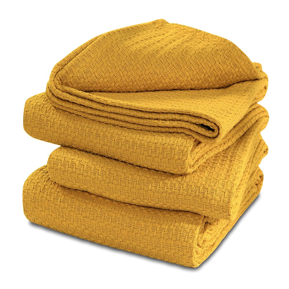 100% Cotton Basket Weave Thermal Bed Blanket Breathable Super Soft Layering All Season Light Weight for Home Decoration (Mustard, Full/Queen)