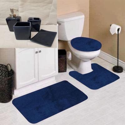 (#6) 7pc Bathroom Set with Bath Mat Contour Toilet Lid Cover with Rubber Backing Rugs with Accesories in Assorted Mix Colors (Navy Sapphire)