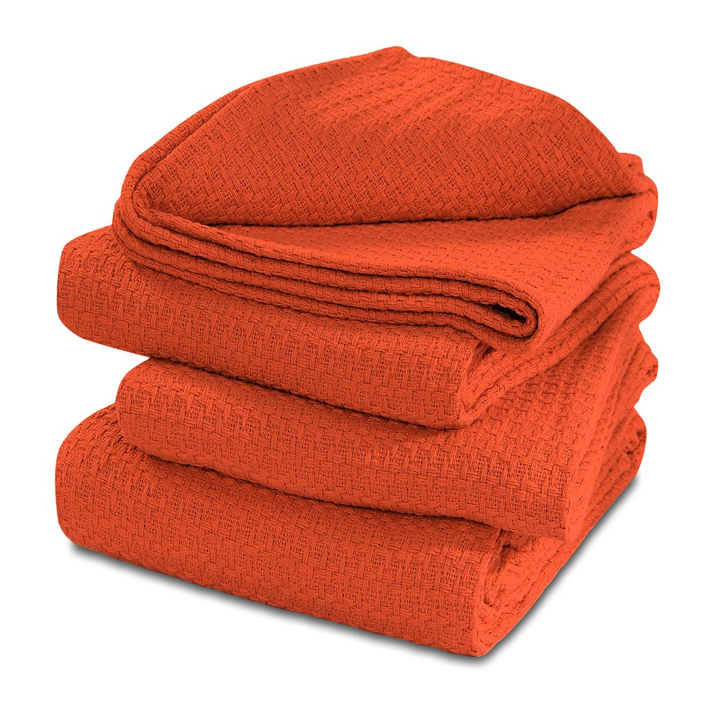 100% Cotton Basket Weave Thermal Bed Blanket Breathable Super Soft Layering All Season Light Weight for Home Decoration (Rust, King)